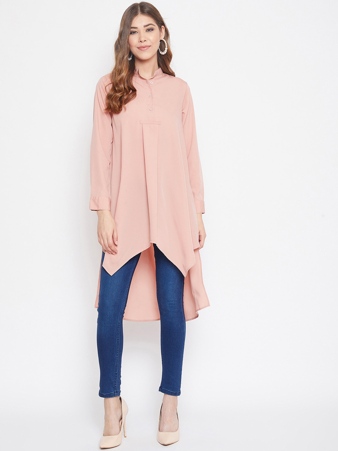 Berrylush Pink Mandarin Collar Crepe High-Low Longline Top