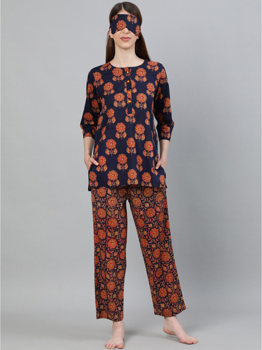 Jaipur Kurti Women Navy Blue & Brown Printed Cotton Night Suit With Eye Mask