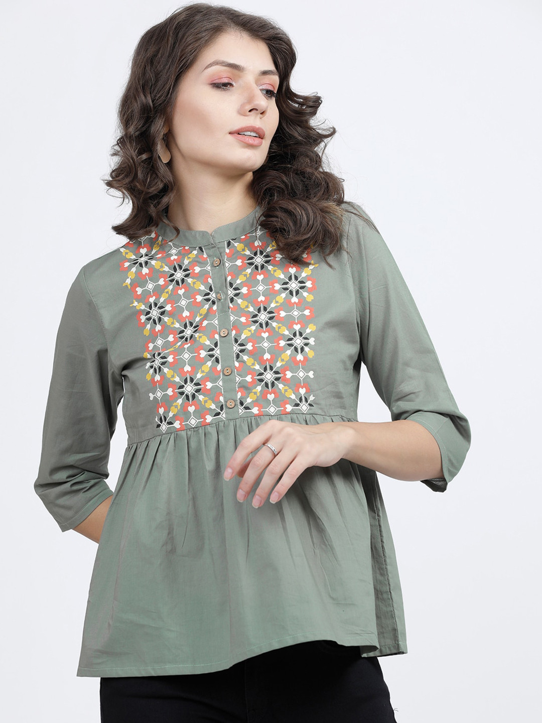 Vishudh Olive & Orange Mandarin Collar A-Line Top