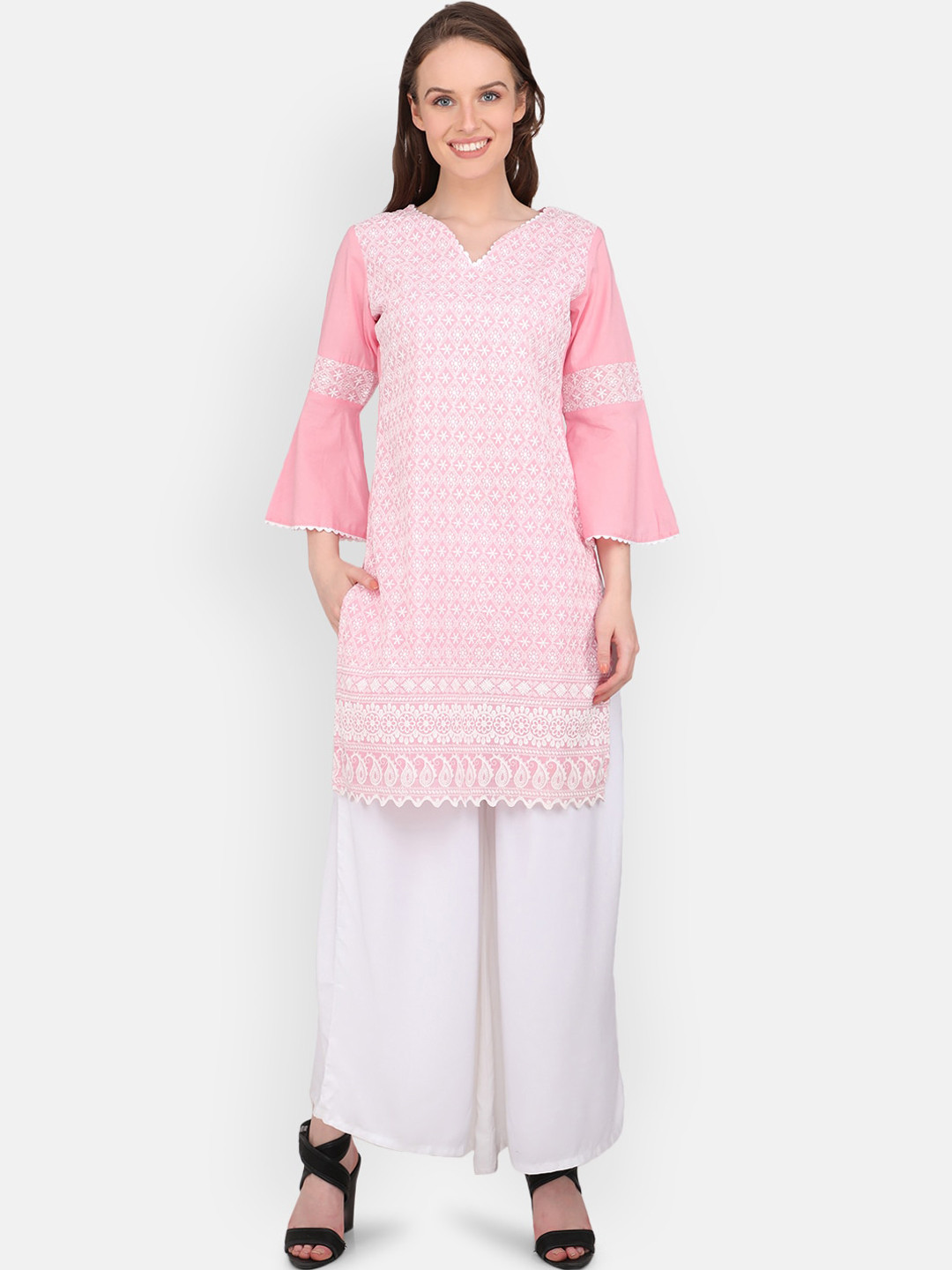 MARC LOUIS Women Pink & White Embroidered Pure Cotton Straight Kurti