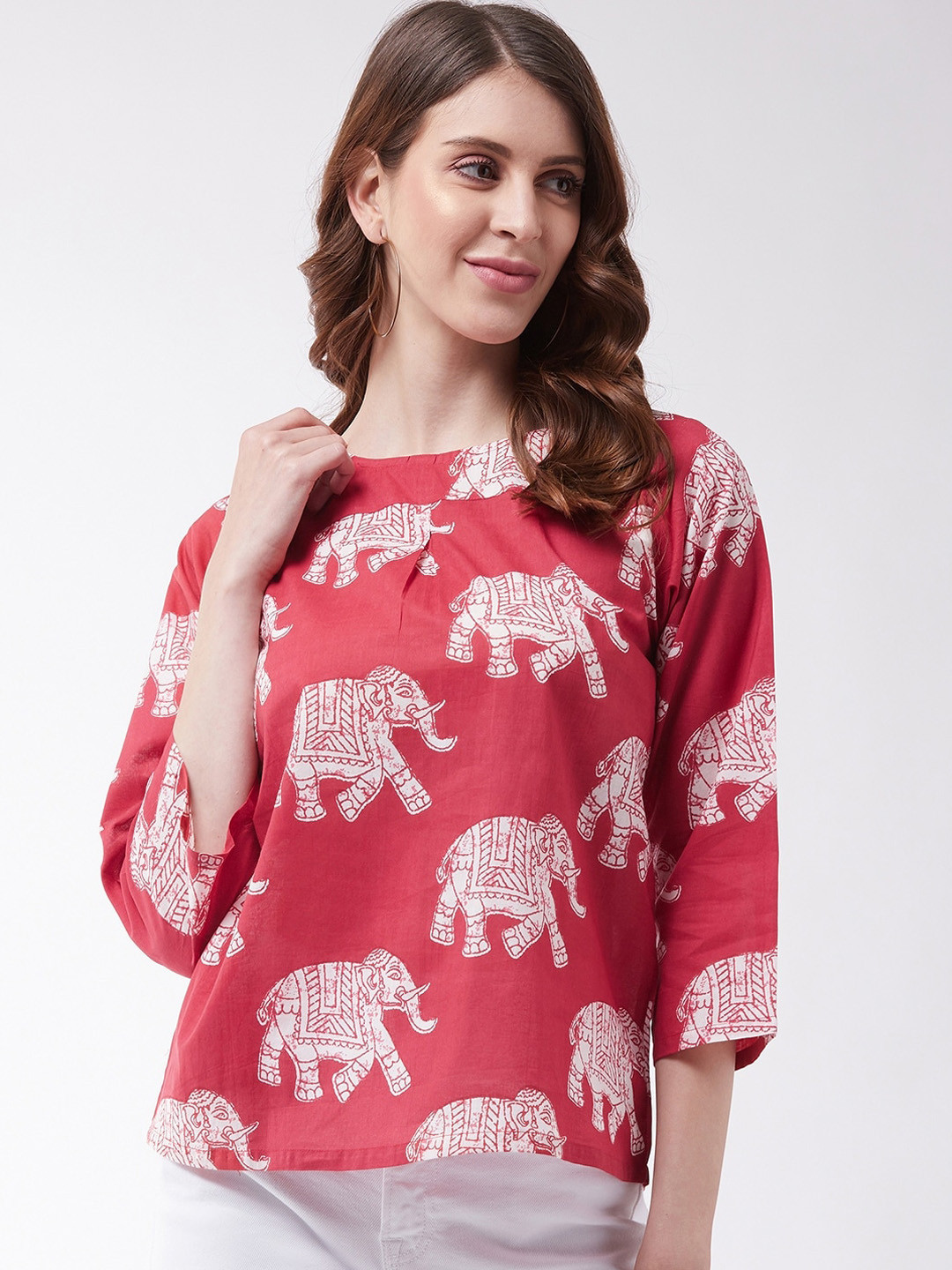 InWeave Red Elephant Printed Cotton Regular Top