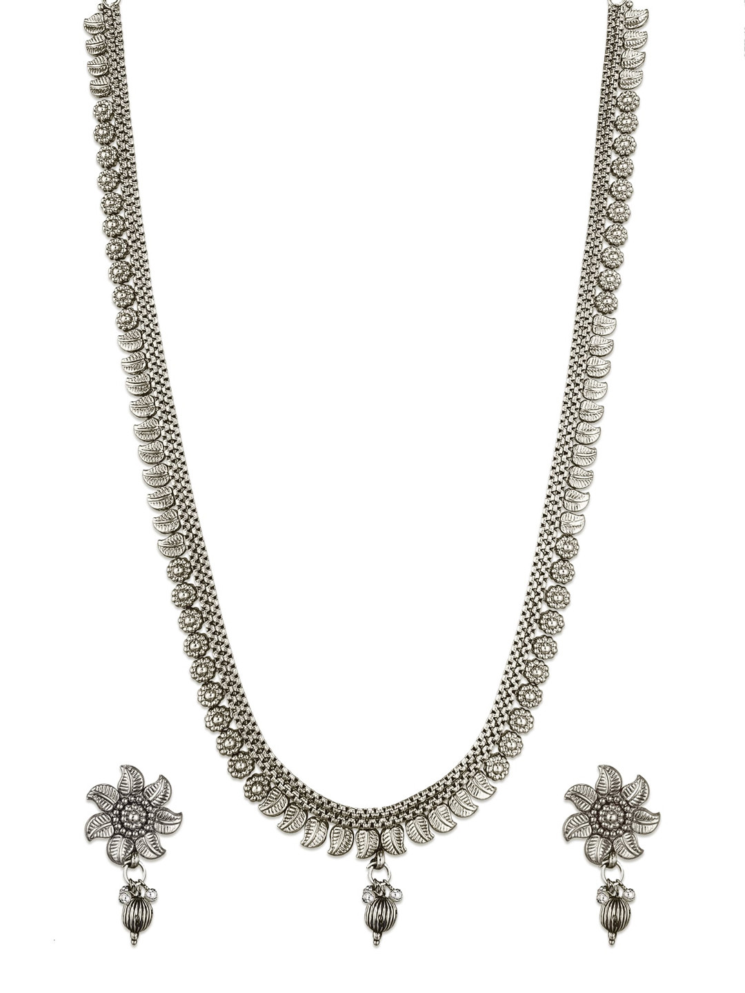 aadita Oxidised Silver-Plated Beaded Floral Design Jewellery Set