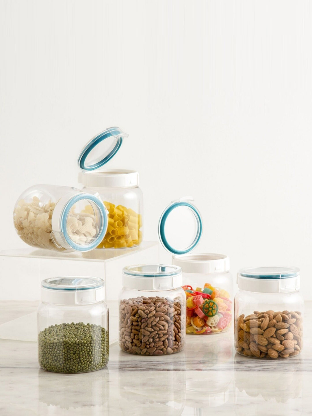 Home Centre Set of 6 Transparent & Blue Plastic Canister