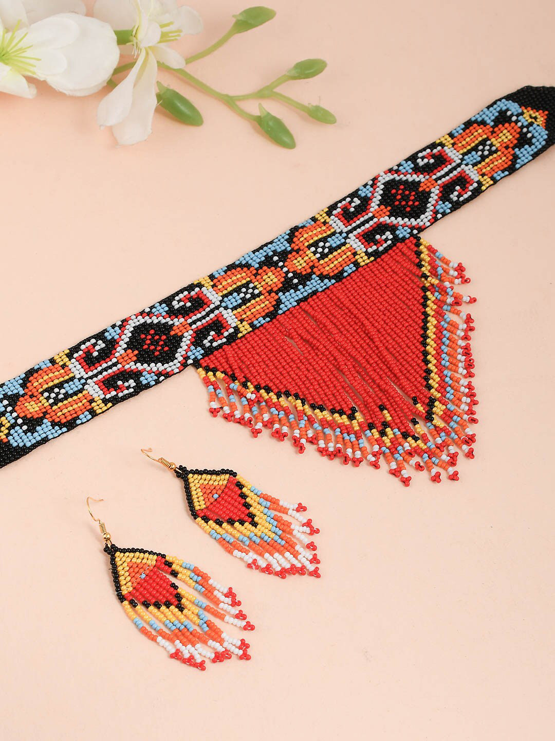 Silvermerc Designs Silver-Plated Red & Orange Beaded Hand-Woven Tasselled Handcrafted Afghan Jewellery Set