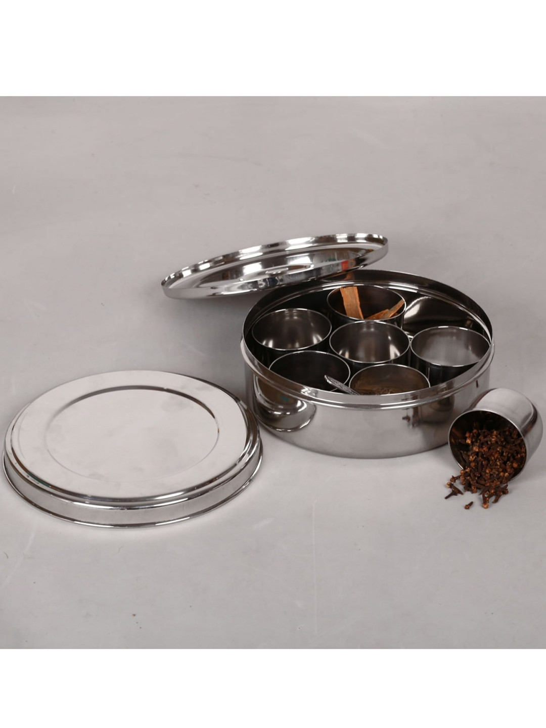 Home Centre Silver-Toned Solid Stainless-Steel Spice Box with 7 Containers & 1 Spoon