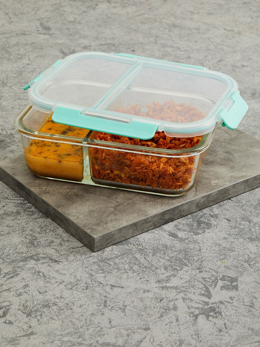 Home Centre Palestine Astero Divider Glass Airtight Lunch Box With Spoon and Fork