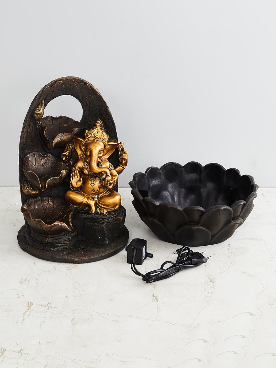 Home Centre Black & Gold-Toned Alpine Spring 3-Tier Ganesh Figurine Fountain