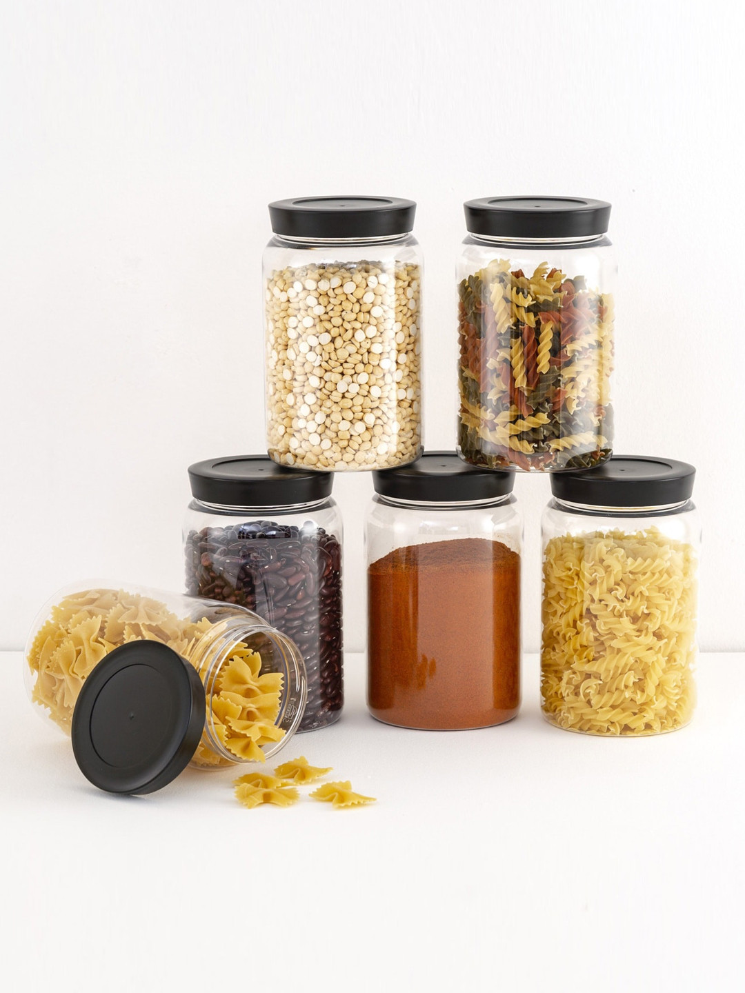 Home Centre Set Of 6 Transparent & Black Solid Air-Tight Containers