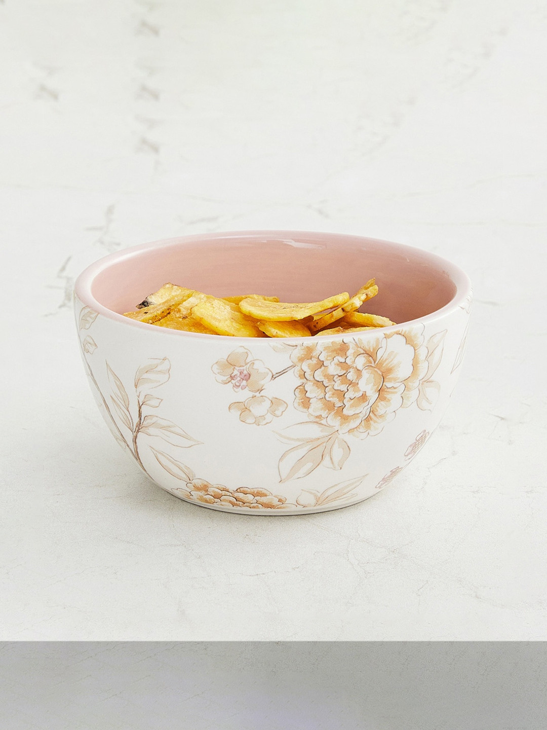Home Centre White & Beige Floral Printed Serving Bowl