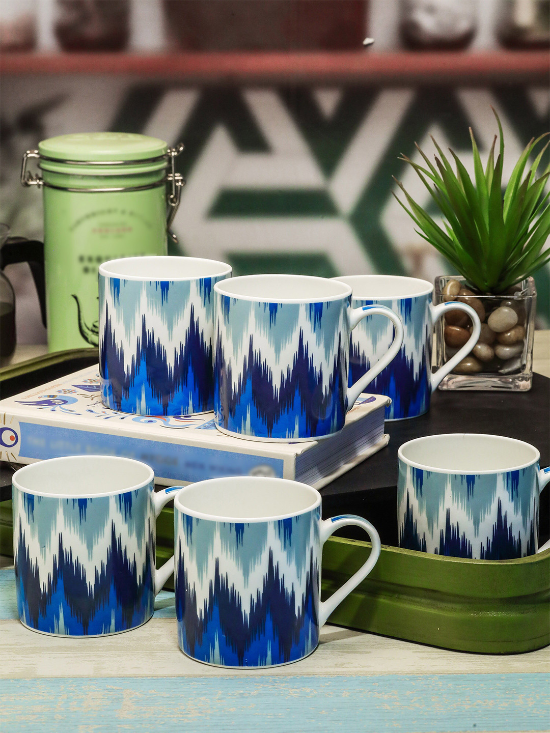 GOODHOMES White Graphic Bone China Handmade 6 Piece Mugs-210ml