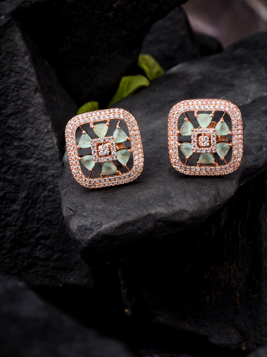 Saraf RS Jewellery Sea Green & Rose Gold-Plated AD Square Studs Earrings