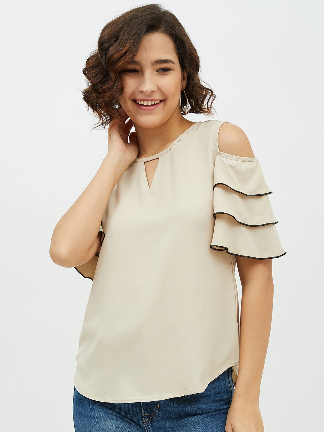 StyleStone Beige Keyhole Neck Crepe Moss Tier Sleeve Top