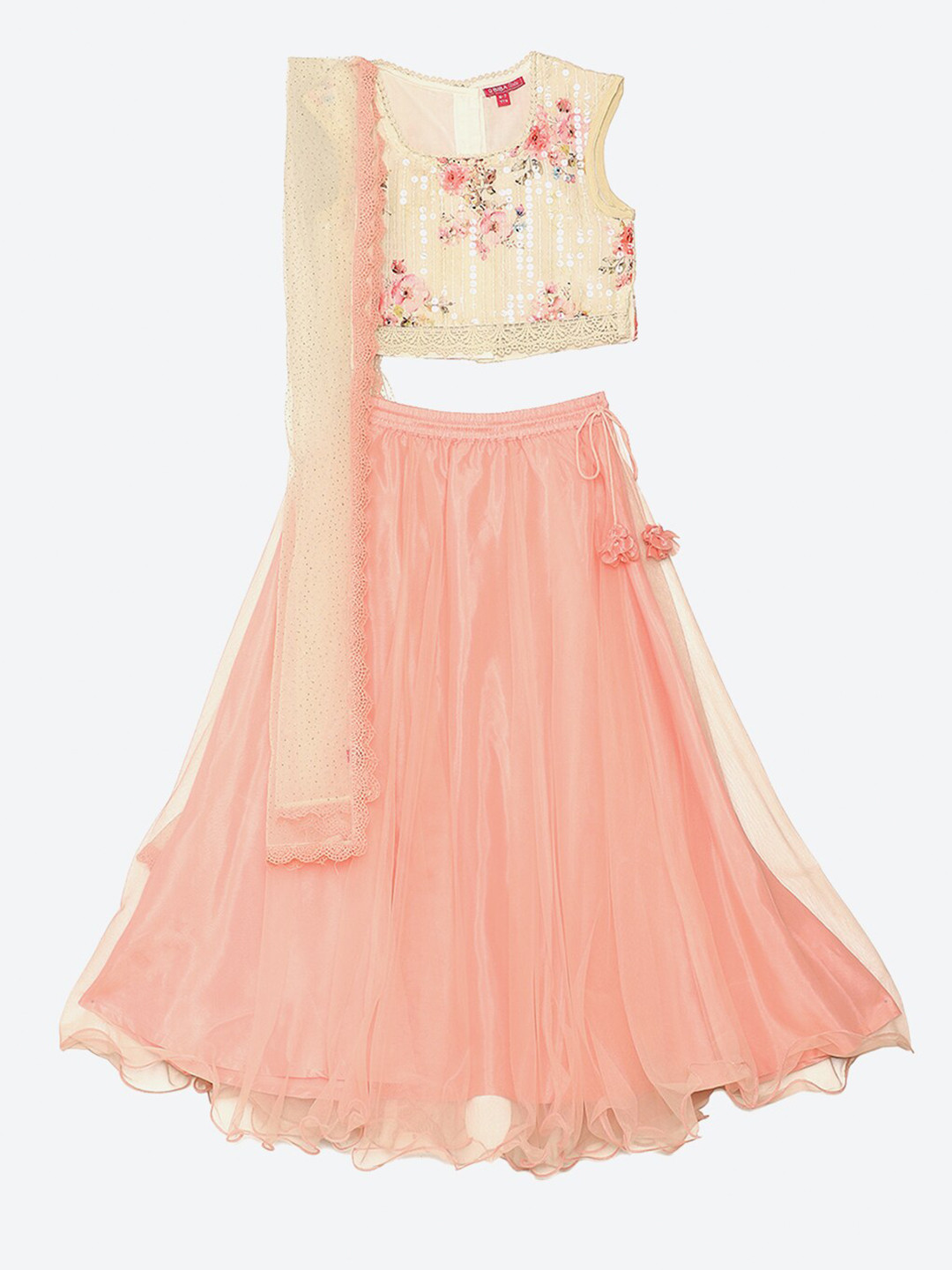 Biba Girls Beige & Peach-Coloured Embellished Ready to Wear Lehenga & Blouse with Dupatta
