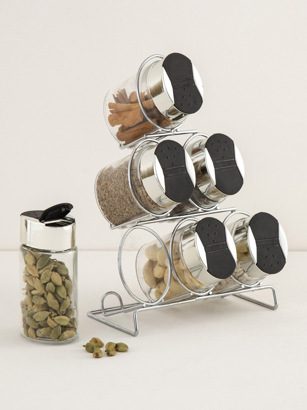 Home Centre Set Of 6 Transparent Solid Glass Spice Jar With Metal Stand