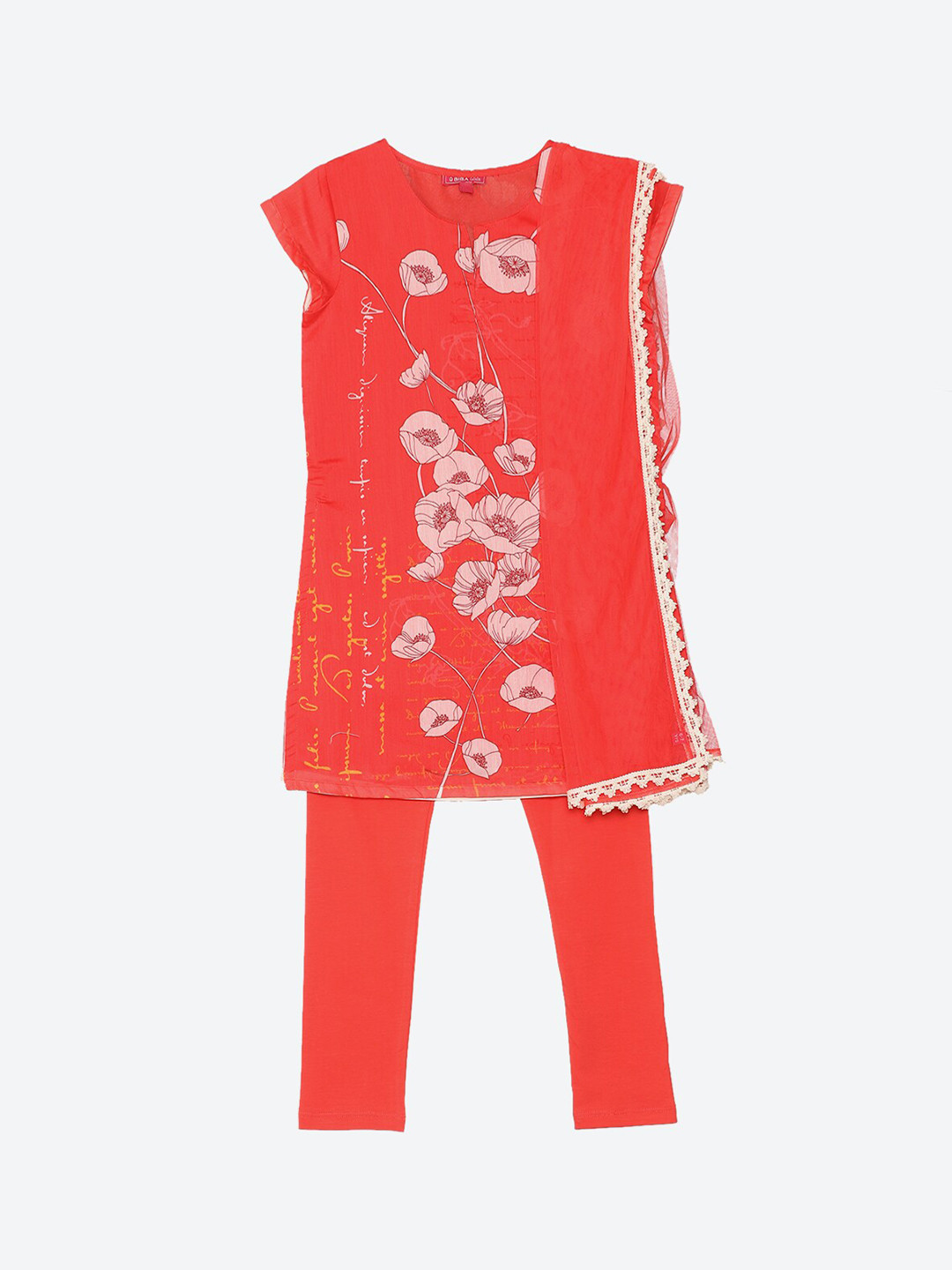 Biba Girls Red Floral Printed Kurta Set with Dupatta & Matching Mask