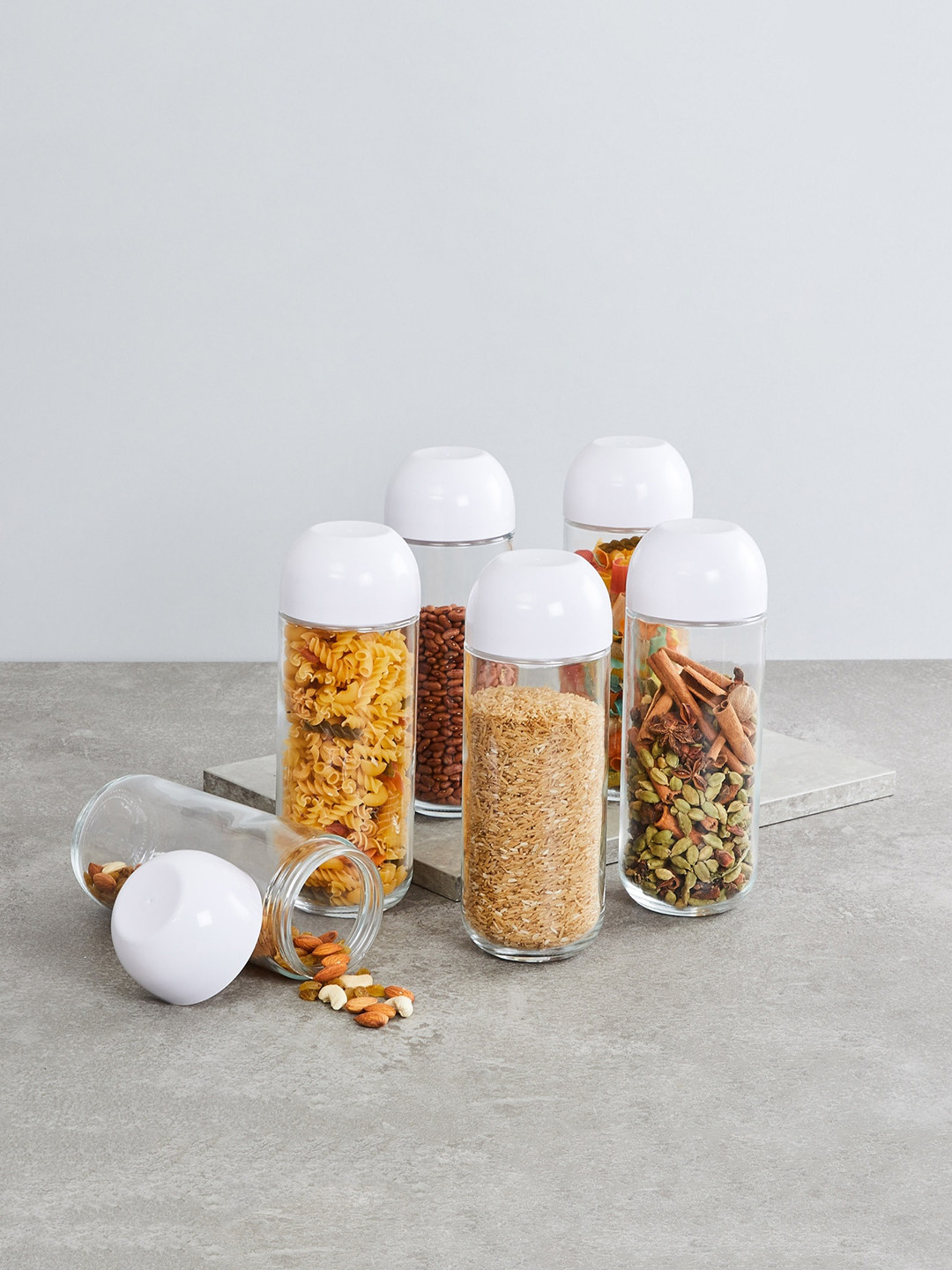 Home Centre Set Of 6 Transparent & White Colourblocked Glass Air-Tight Storage Jars