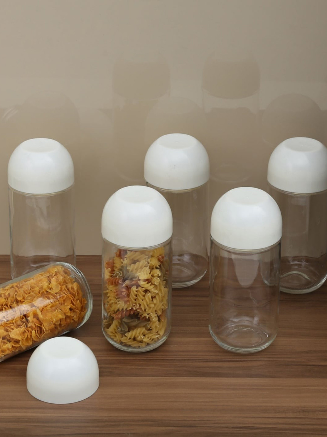Home Centre Set Of 6 Transparent & White Colourblocked Glass Storage Canisters