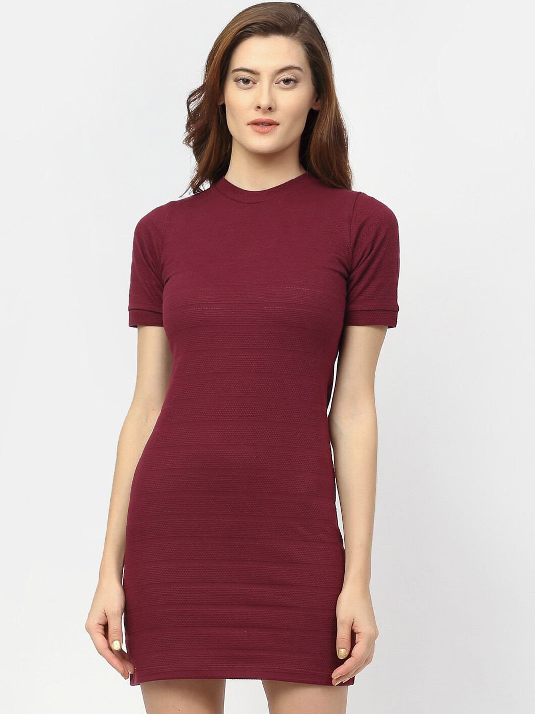 Rigo Maroon Self Textured Bodycon Dress
