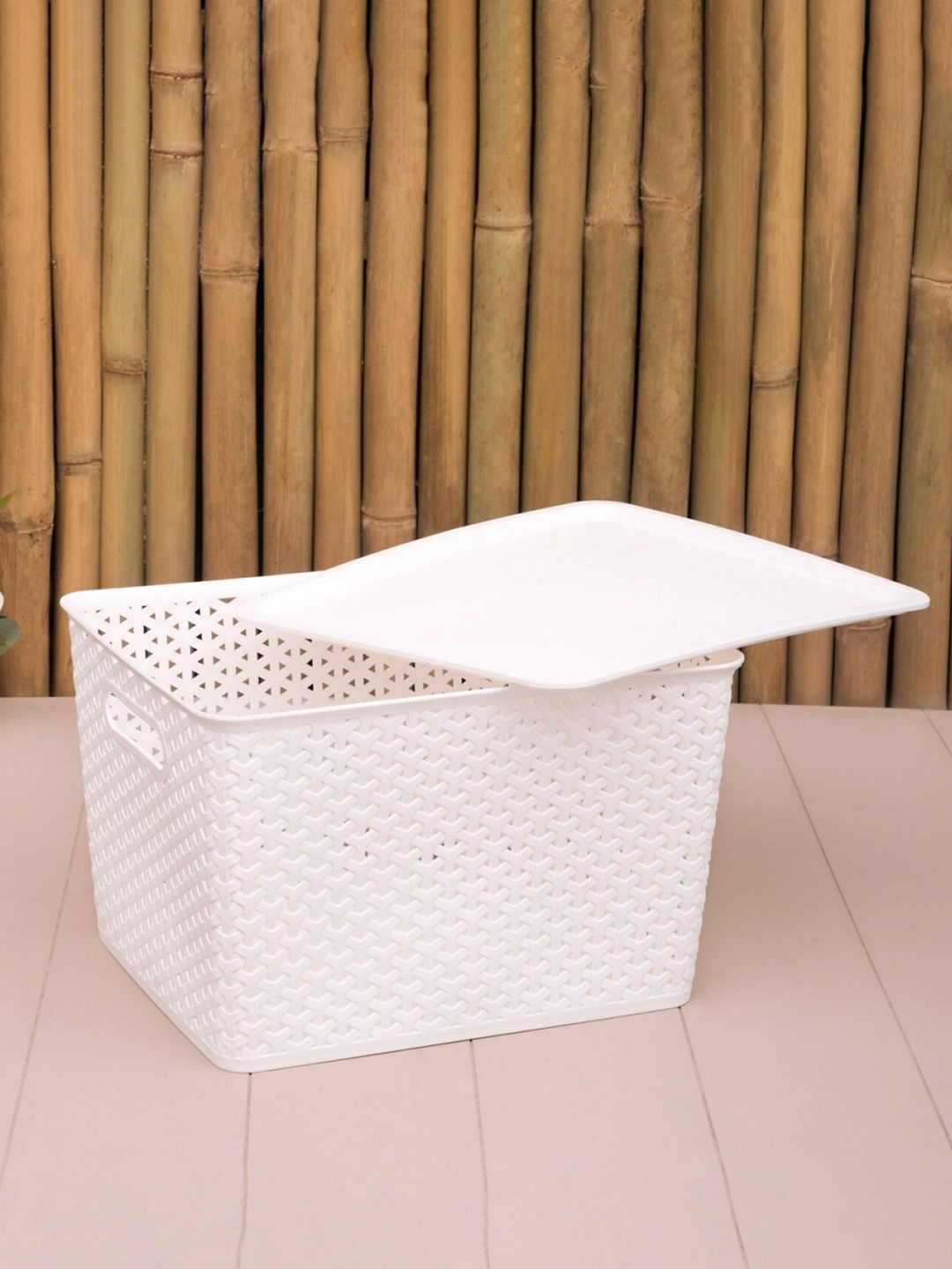 Home centre White Textured Rectangular Storage Basket With Lid - 19L