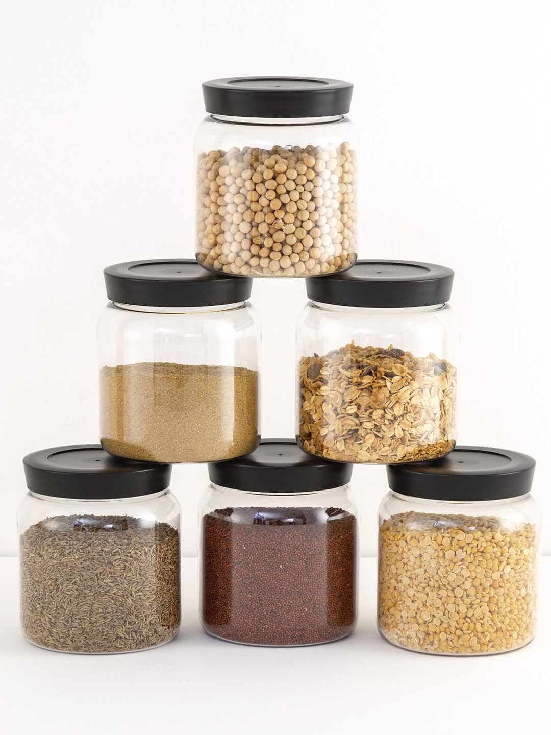 Home Centre Set Of 6 Transparent & Black Air-Tight Storage Container Set 1100 ml