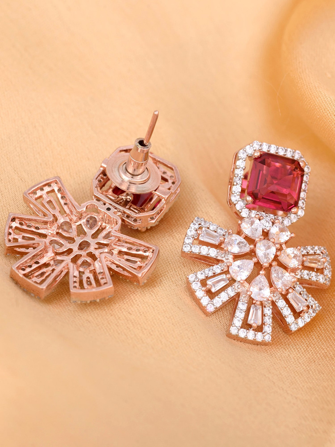 Saraf RS Jewellery Magenta & Rose Gold-Plated Ruby Floral Drop Earrings