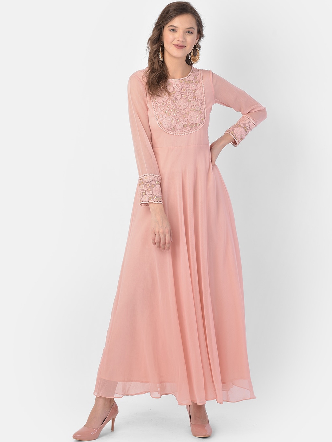Buy Ojjasvi Peach Floral Embroidered Chiffon Ethnic Maxi Dress Dresses for Women 14417786 Myntra