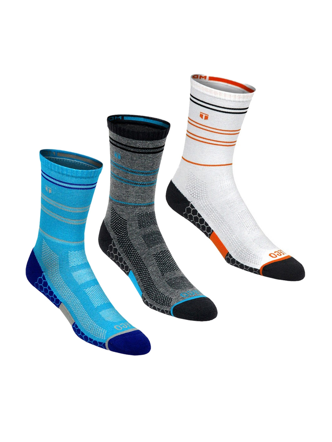 TEGO Pack Of 3 White & Blue Patterned Calf-Length Cotton Socks