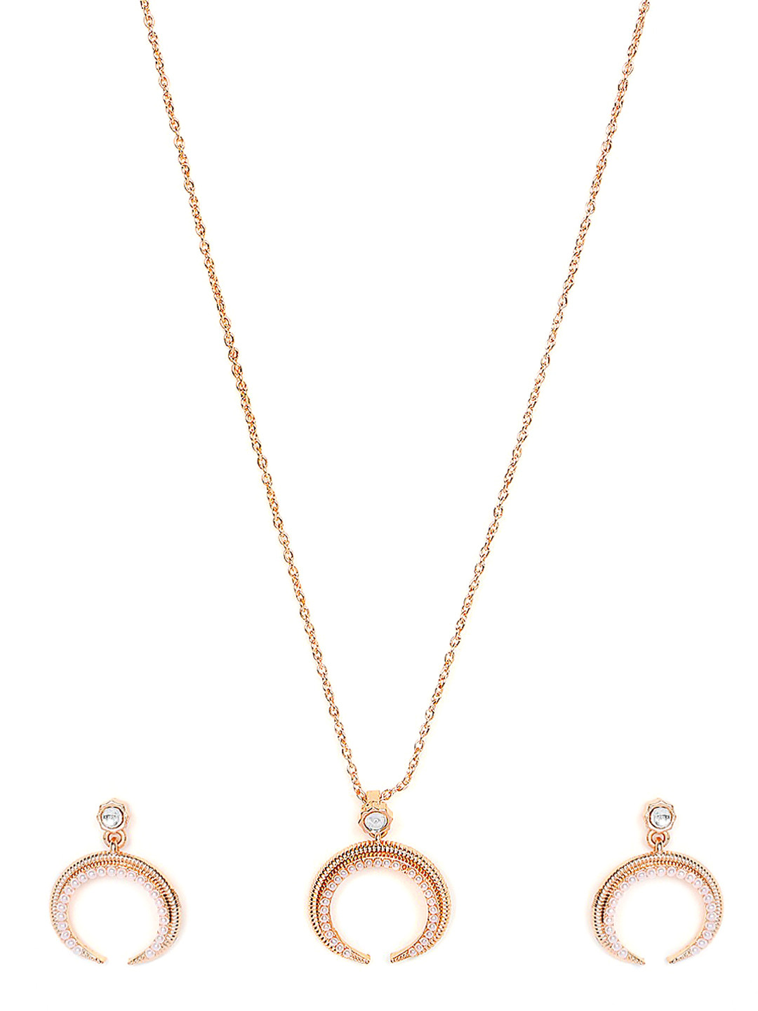 Mahi Rose Gold-Plated White Crystal Studded Arc Shaped Jewellery Set