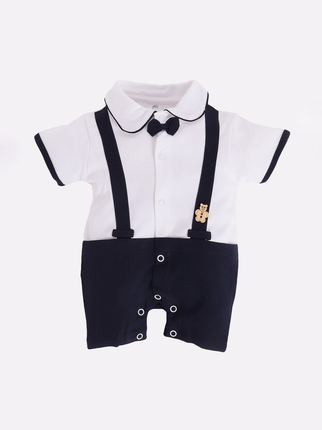 BABY GO Infant Boys White & Navy Blue Solid Cotton Half Sleeve Rompers