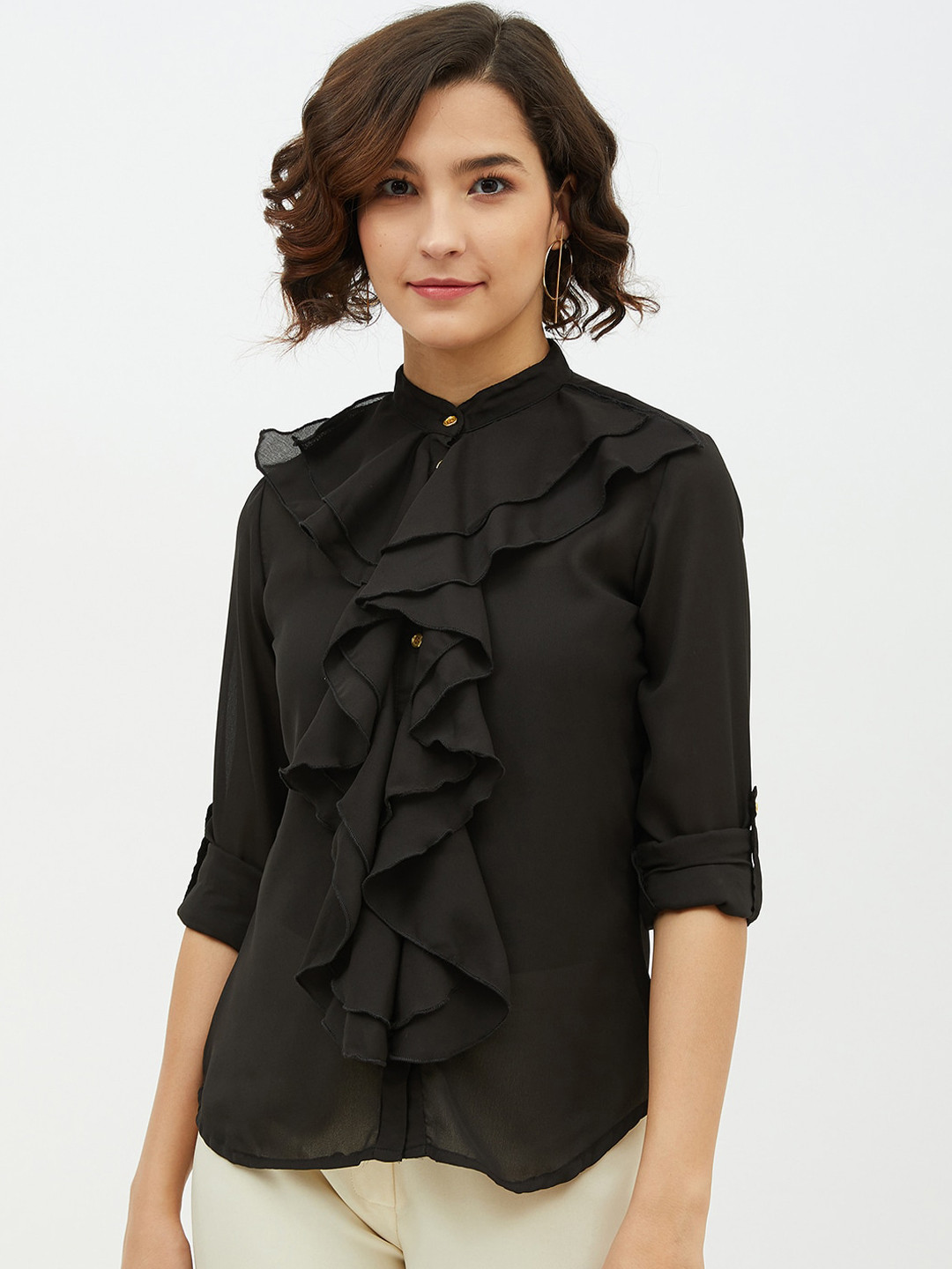 StyleStone Women Black Comfort Regular Fit Solid Ruffled Casual Shirt