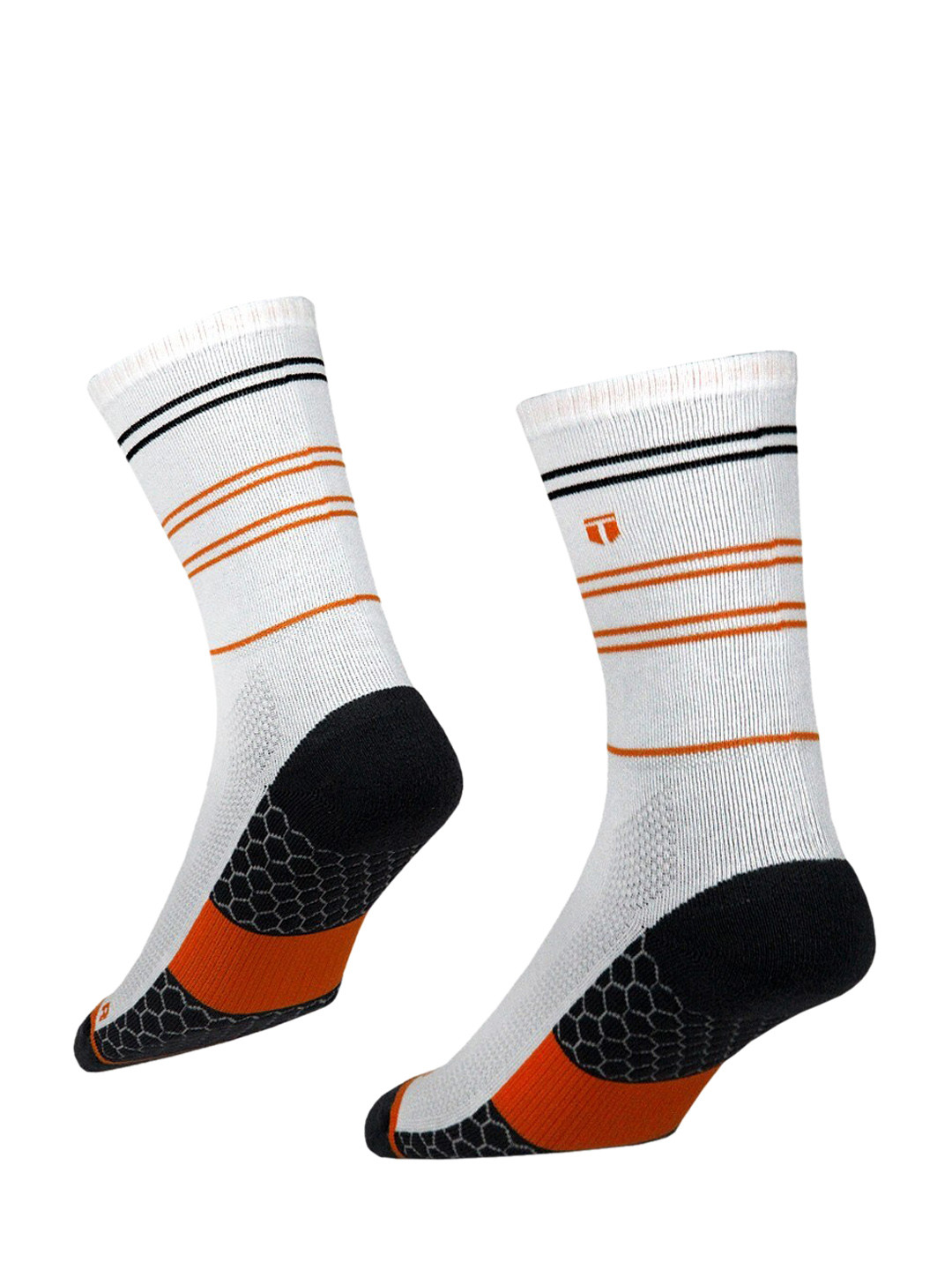 TEGO Unisex White & Orange Patterned Cotton Calf Length Socks