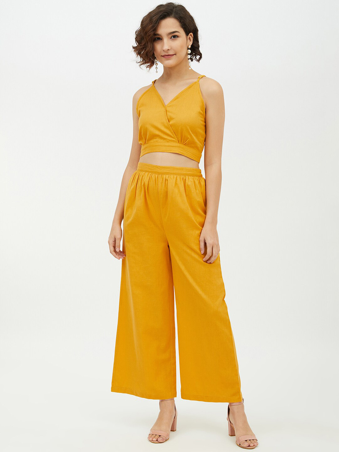 StyleStone Women Yellow Solid Cotton Linen Top with Palazzos