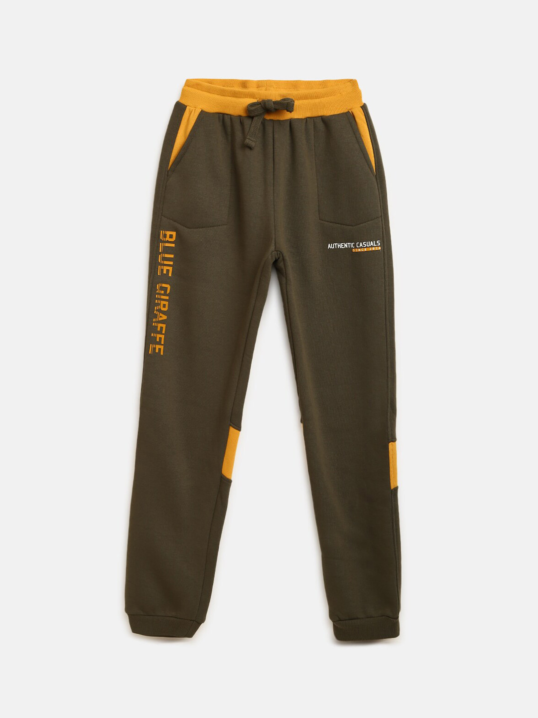 Blue Giraffe Boys Olive Green & Yellow Solid Straight-Fit Cotton Joggers