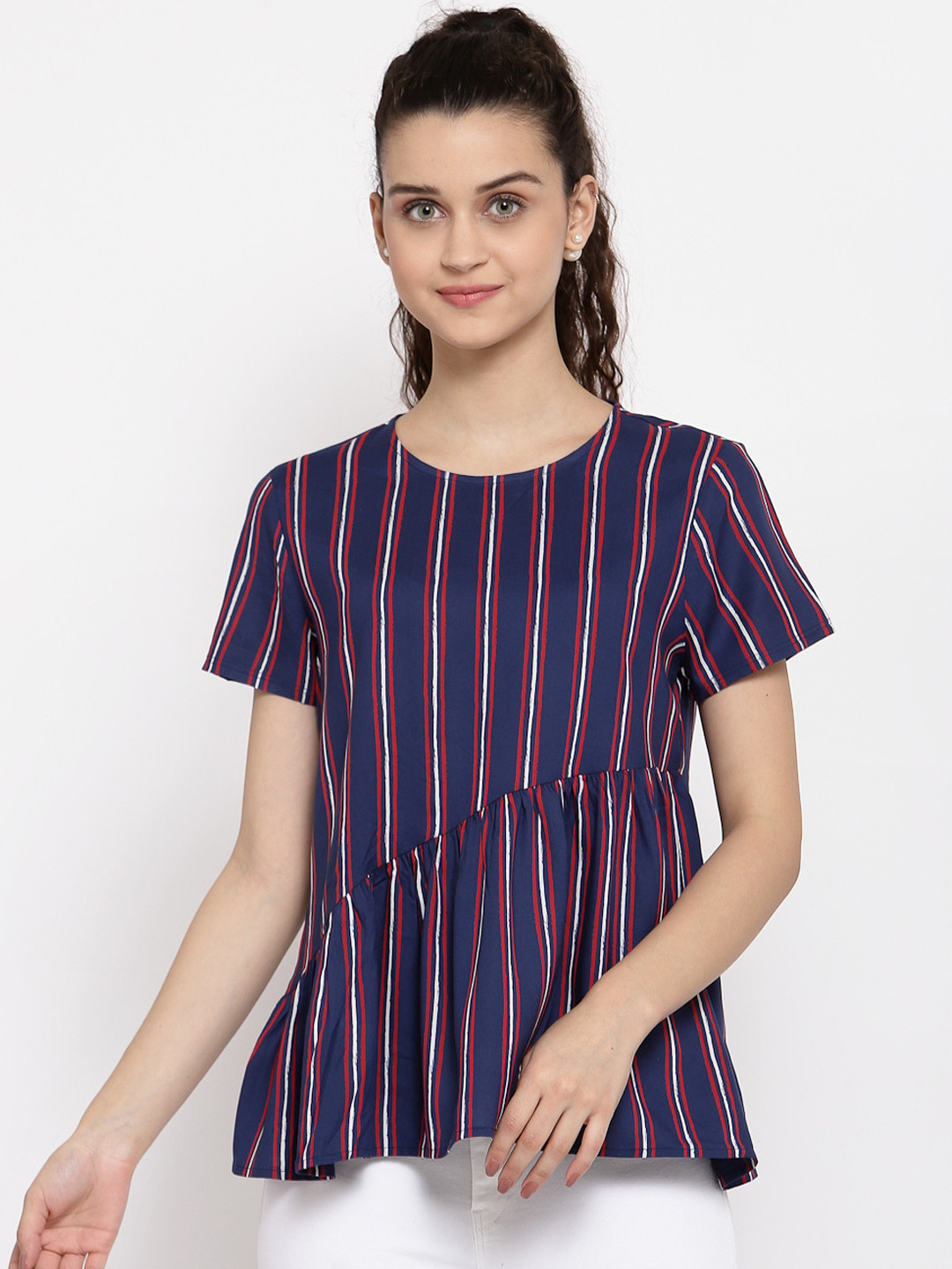 Pepe Jeans Women Navy Blue Striped A-Line Top