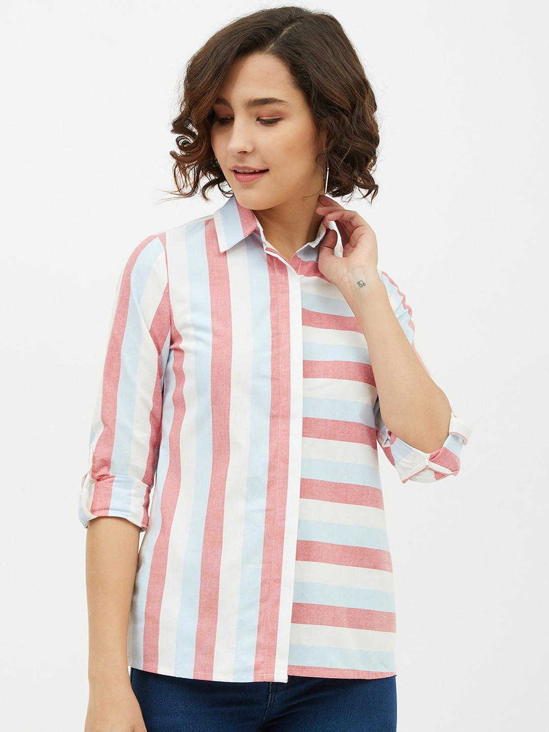 StyleStone Women Pink & Blue Comfort Regular Fit Striped Casual Shirt