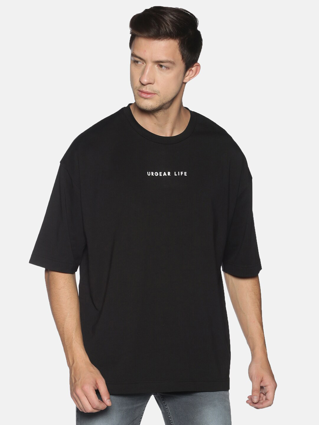 UrGear Men Black Solid Round Neck Oversized Pure Cotton T-shirt