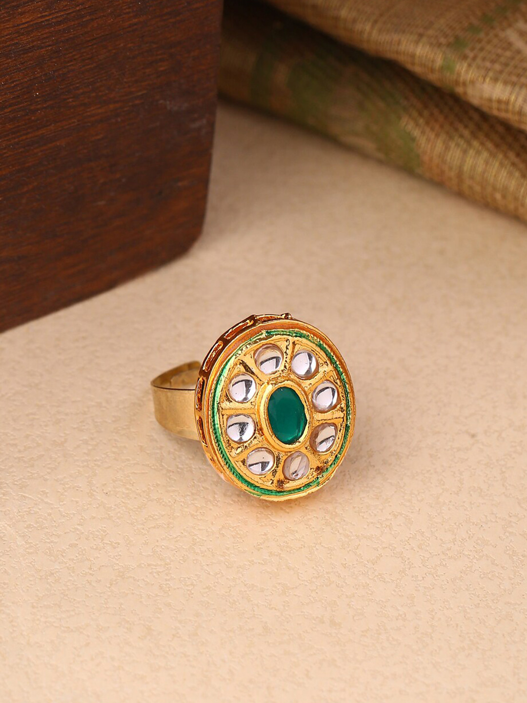 Shoshaa Women Gold Plated Green & White Meenakari Stone-Studded Finger Ring