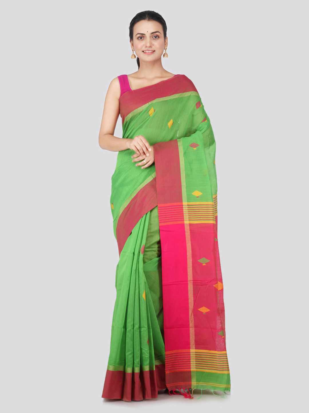 PinkLoom Green & Yellow Cotton Silk Woven Design Sustainable Saree