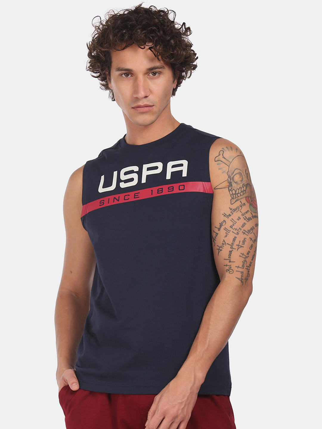 U.S. Polo Assn. Men Navy Blue & White Graphic Printed Cotton Lounge T-shirt