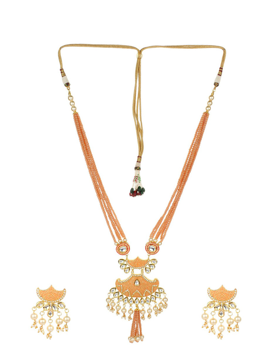 Runjhun Gold-Plated White & Yellow Stone-Studded & Beaded Handmade Meenakari Jewellery Set