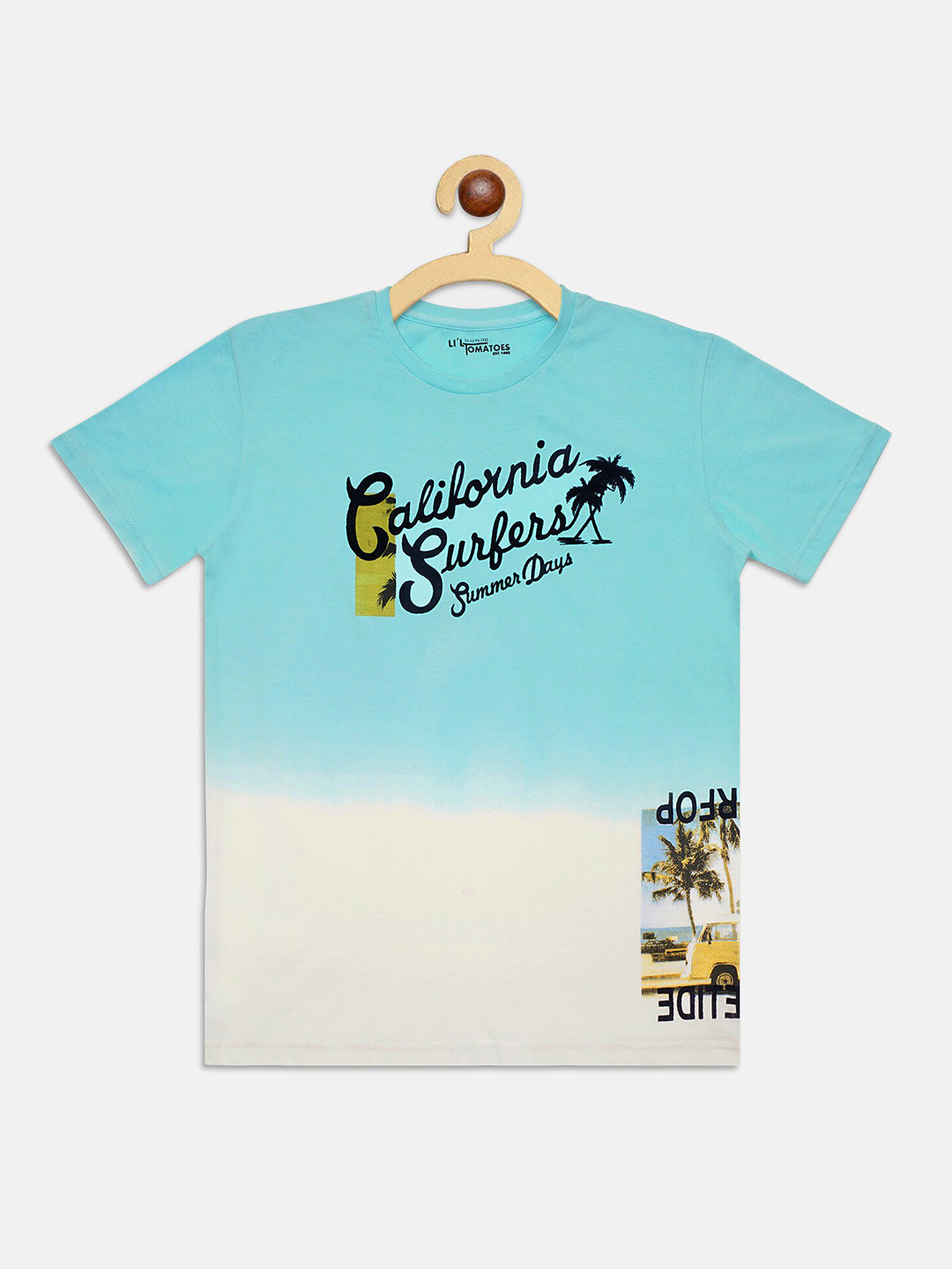 Lil Tomatoes Boys Blue & Off White Typography Dyed T-shirt