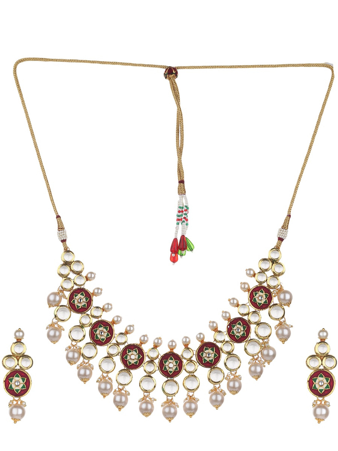 Runjhun Gold-Plated Maroon & White Kundan-Studded & Beaded Hand Painted Jewellery Set