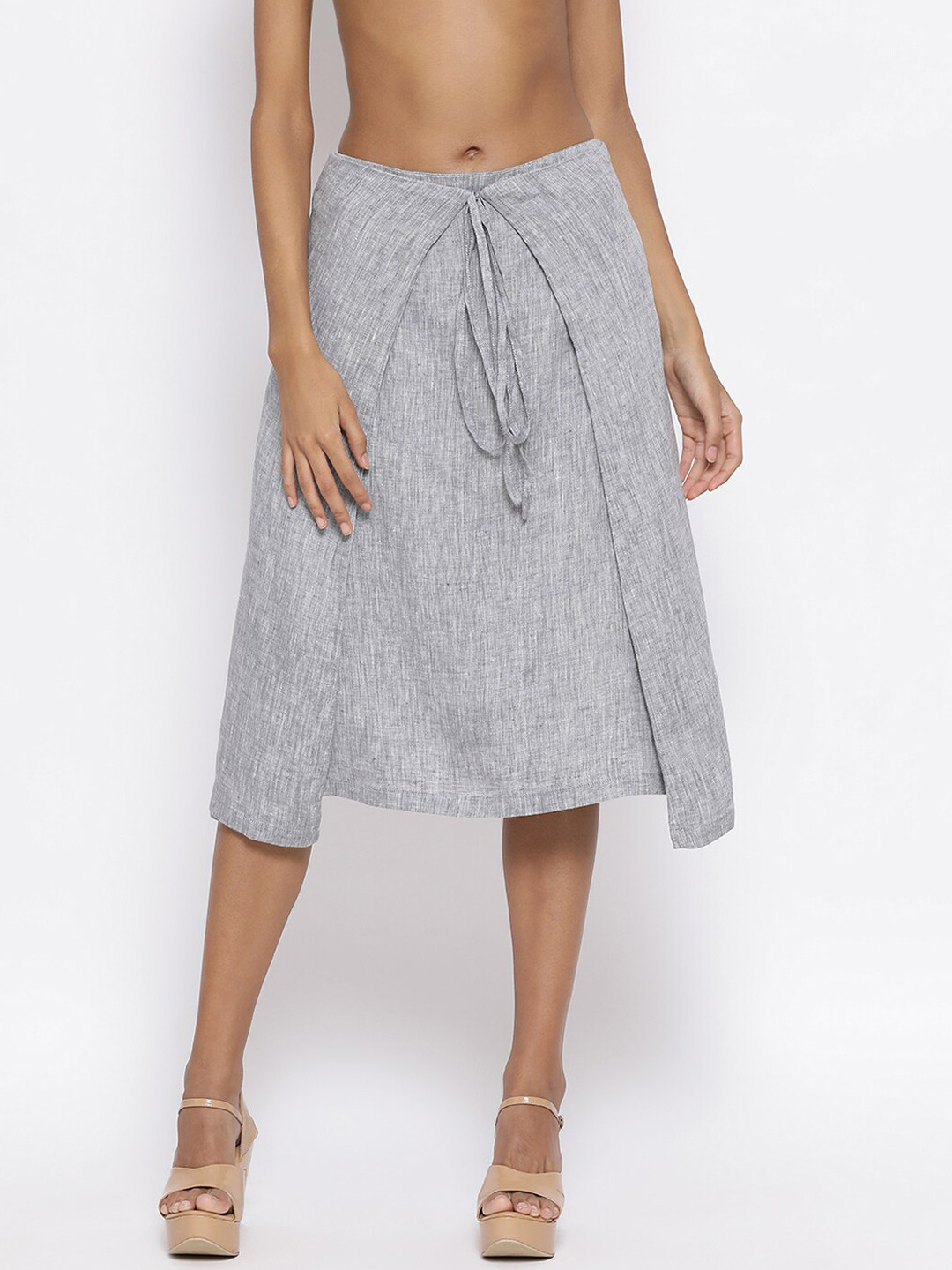 ROOTED Women Grey Solid Layered A-Line Midi Skirt