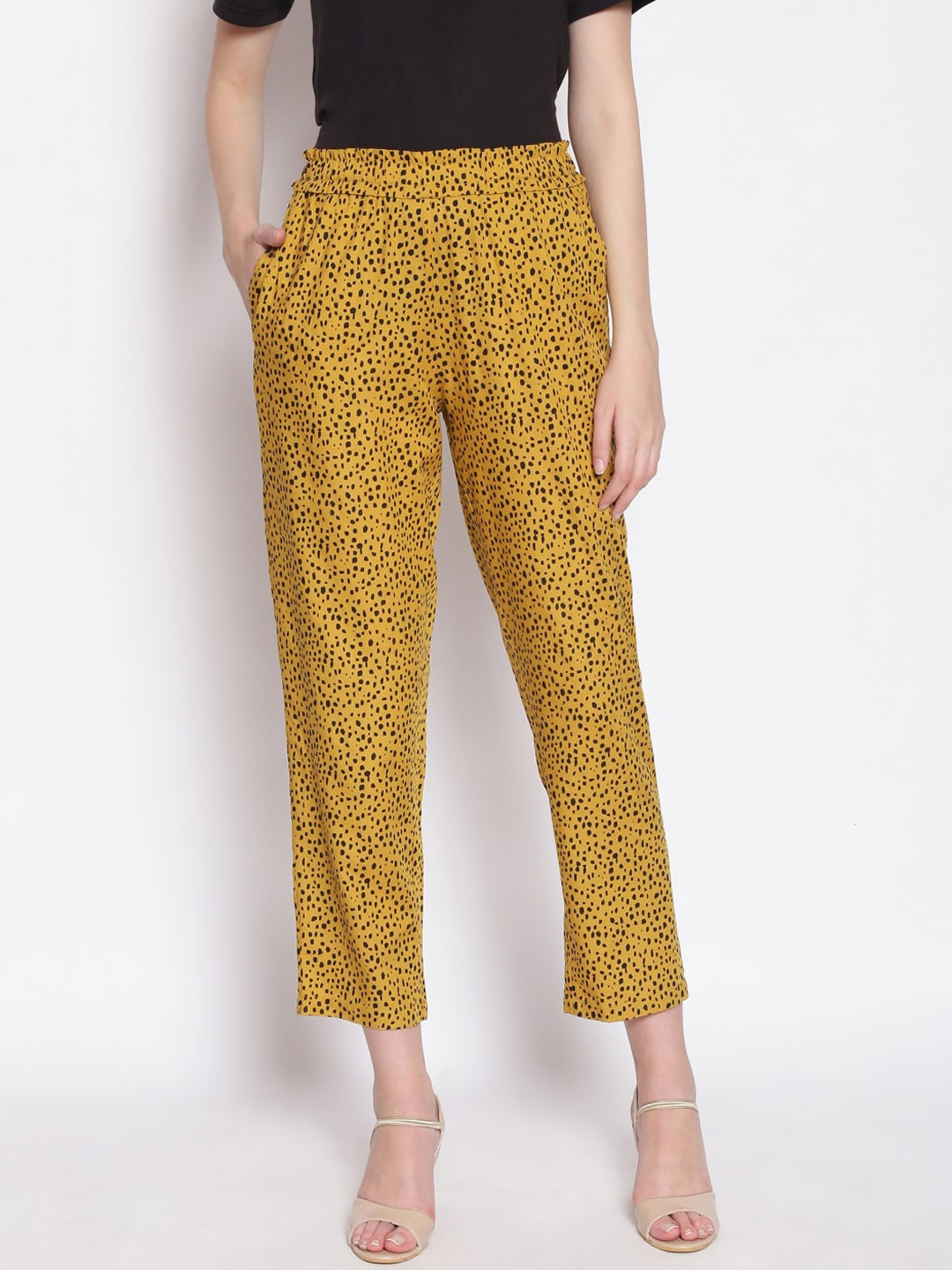 Oxolloxo Women Yellow Cheetah Printed Regular Trousers