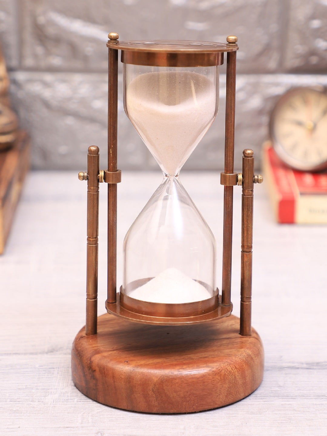 EXIM DECOR Brown & Transparent Antique Sand Timer With Wooden Base