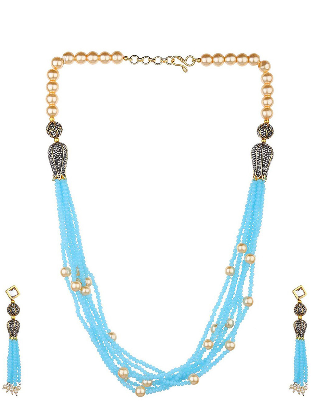 Runjhun Gold-Plated Turquoise Blue Pearl Beaded Layered Jewellery Set