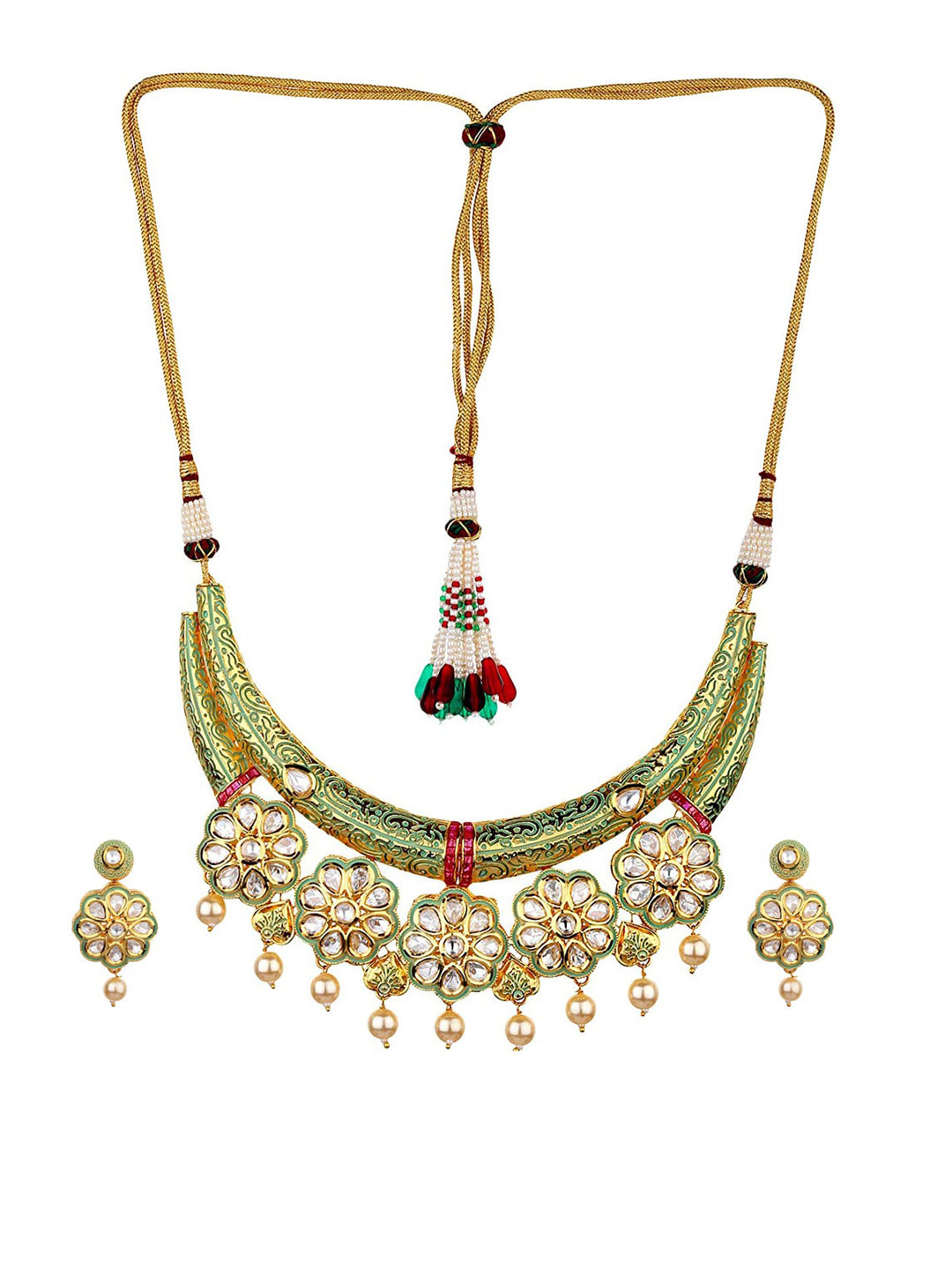 Runjhun 18 Carat Gold-Plated & Green Kundan-Studded Meenakari Jewellery Set