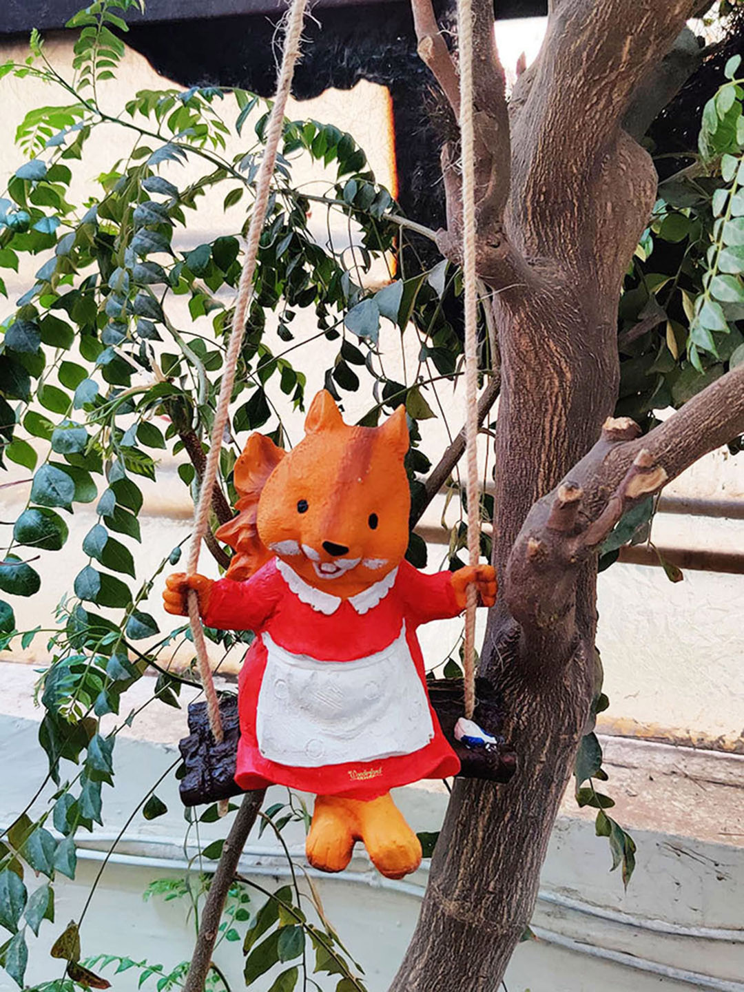 Wonderland Orange & Red Swinging Girl Squirrel Hanging Garden Accessory