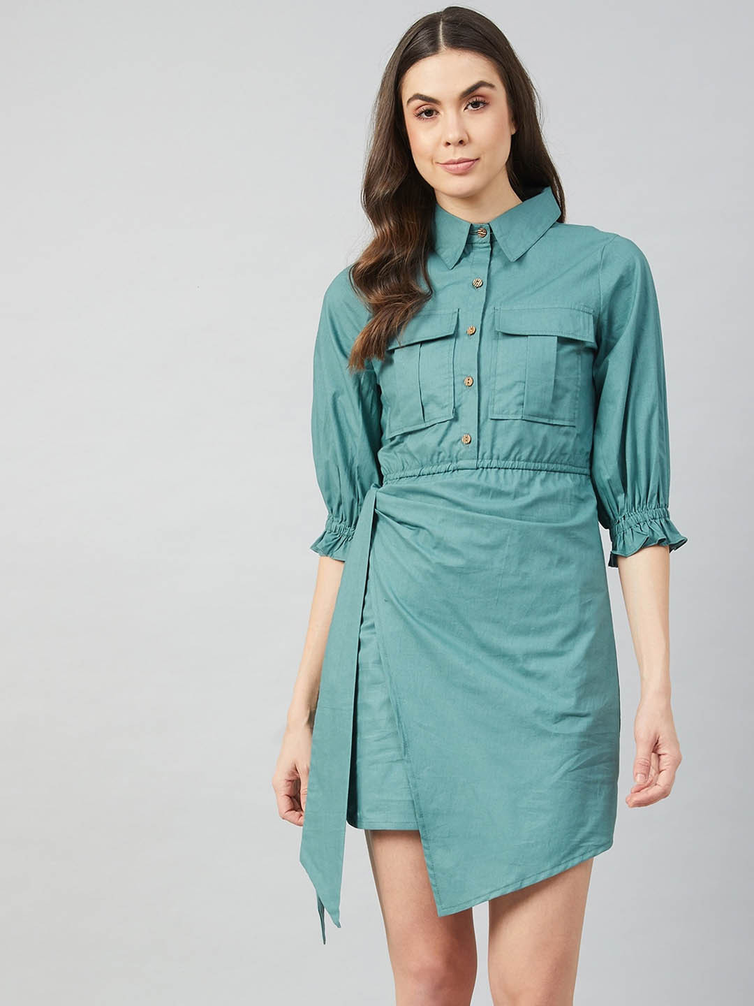Athena Women Green Cotton Shirt Dress
