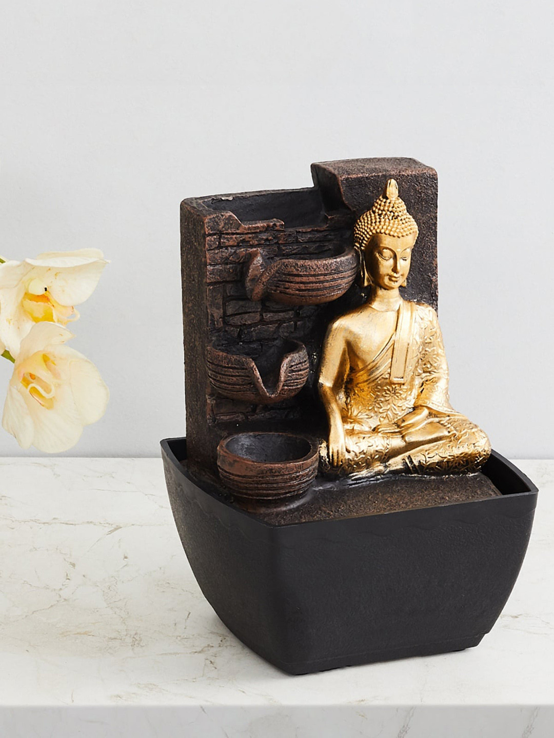 Home Centre Buddha Brown Polyresin Natural Prayer Room Fountain Small Showpiece - 7.1 Inches